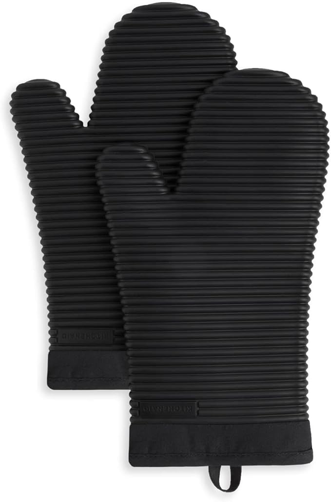 KITCHENAID Ribbed Soft Silicone Oven Mitt 2-Pack Set, Matte Black, 7.5"x13"
