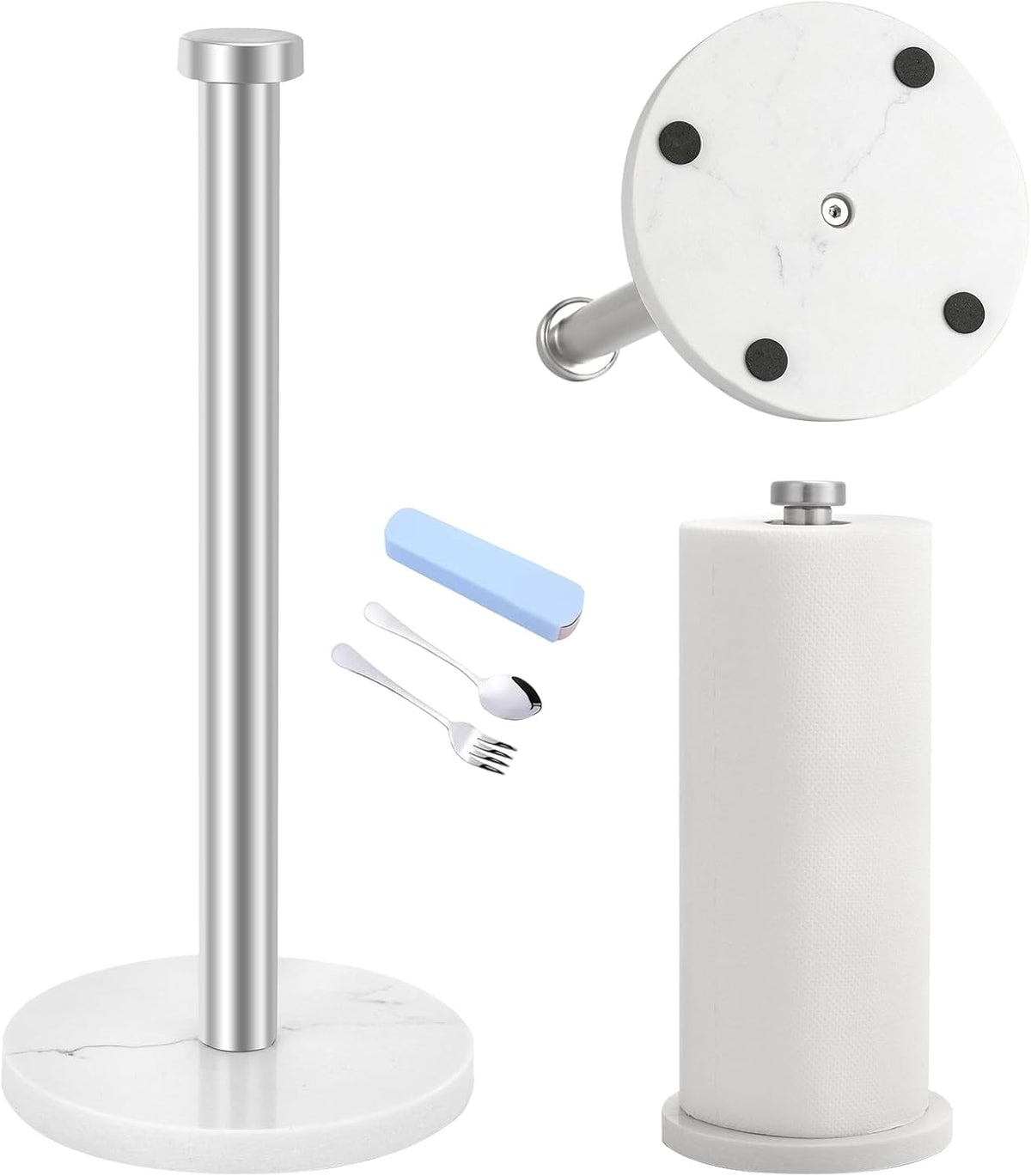 Standing Paper Towel Holder, Kitchen Paper Towel Roll Holder- for Bathroom Kitchen Countertop with Weighted Marble Base for One-Handed Operation (Silver), Silver Paper Towel Holder