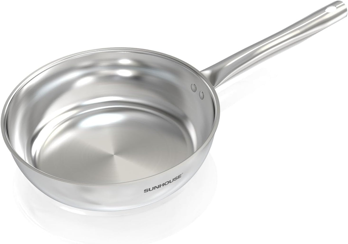 Sunhouse 18/10 10 Inch Stainless Steel Frying Pan, Whole-Clad No Coatings Skillet with Stay-cool Handle for Cooking, Durable & Oven Safe to 500°F, Dishwasher Safe, Compatible with All Cooktops