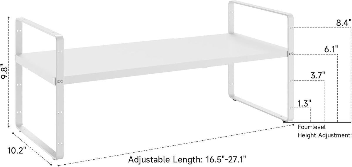16.5~27.1" Expandable Shelf Organizer, 2Pack 10.2" Wide Stackable Cabinet Shelf Organizers, White Metal Sturdy Kitchen Counter Storage for Countertop, Adjustable Height Spice Rack