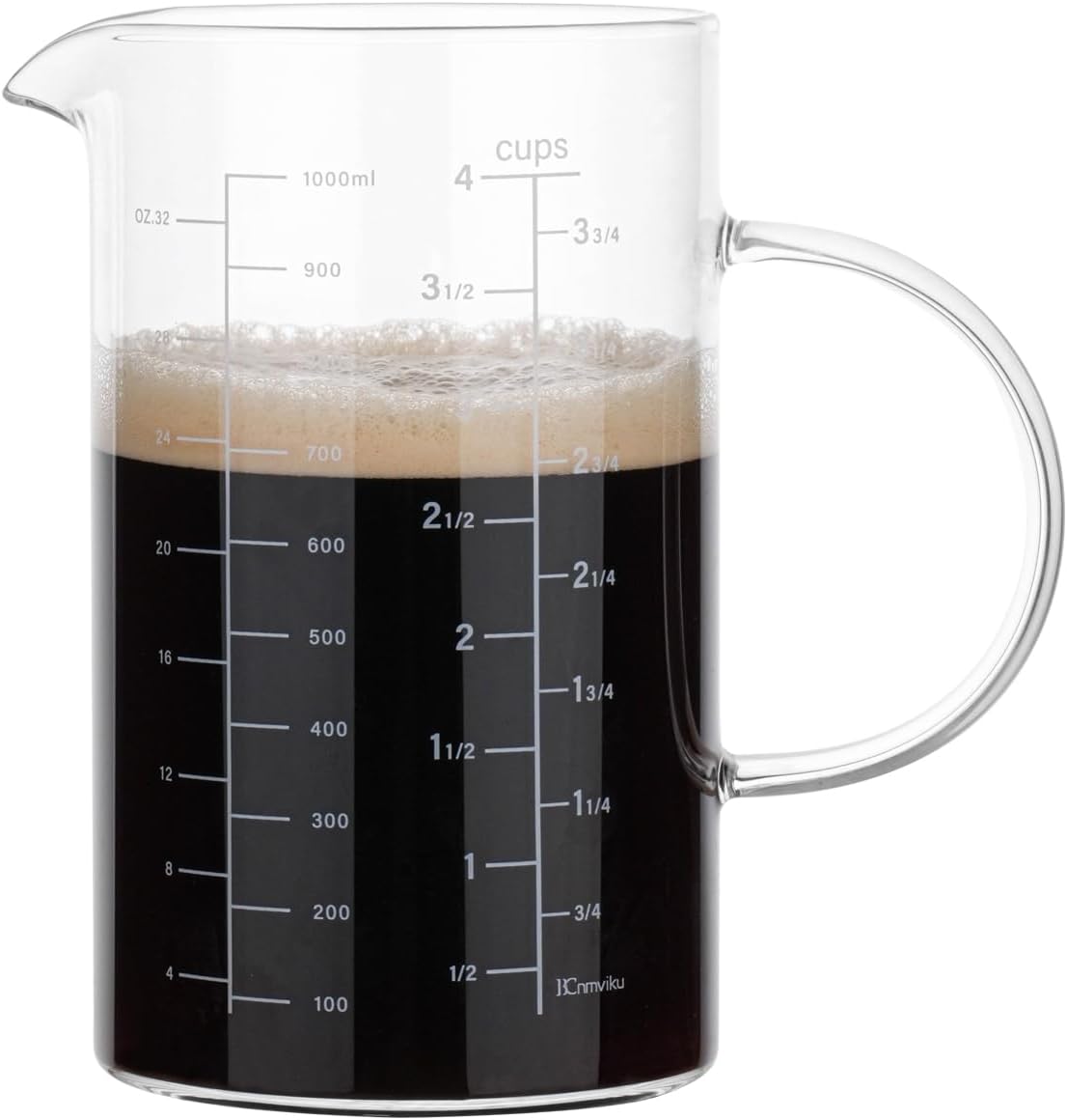 BCnmviku Glass Measuring Cup, Insulated handle, V-Shaped Spout, High Borosilicate Glass Measuring Cup 1000ML、 /1 Liter, 4 Cup for Kitchen or Restaurant, Easy To Read (1000ml-1pcs)