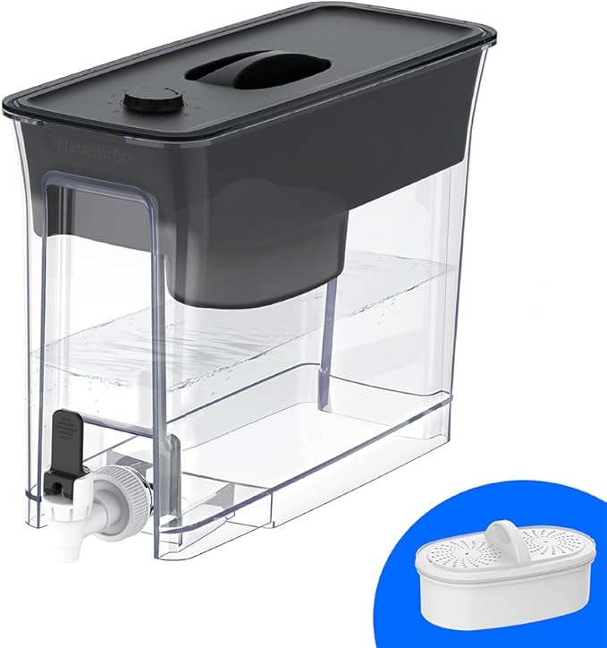 Waterdrop 35-Cup Slim Water Filter Dispenser, Large Capacity, 200-Gallon Long-Life, Faster Filtration, Reduces Chlorine, PFOA/PFOS and More, BPA Free, Black (with 1 Filter)