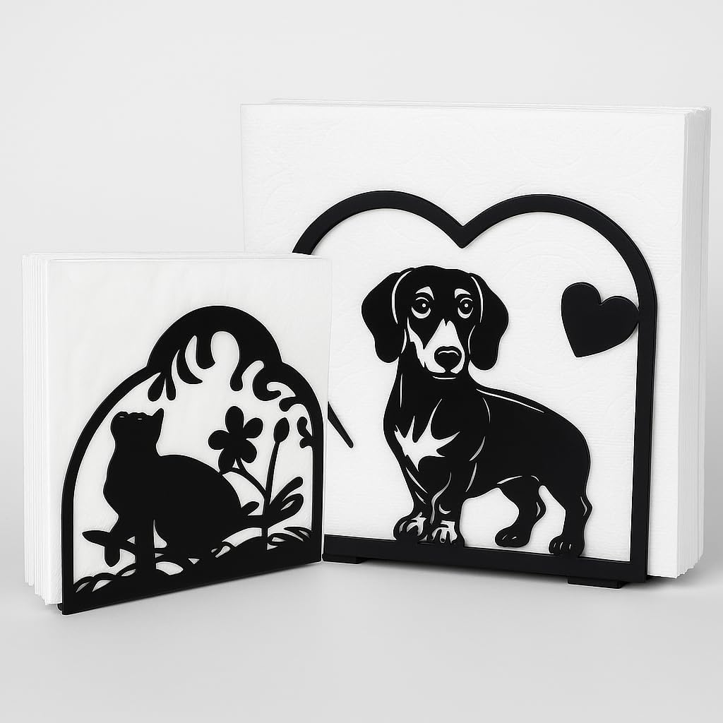 Decorative Cat and Dog Napkin Holder – Metal Napkin Organizer for Everyday & Cocktail Napkins – Cute cat Coffee filter holder size #2 & #4 for Kitchen Table Decor Gift for Animal Lovers 2-Pack