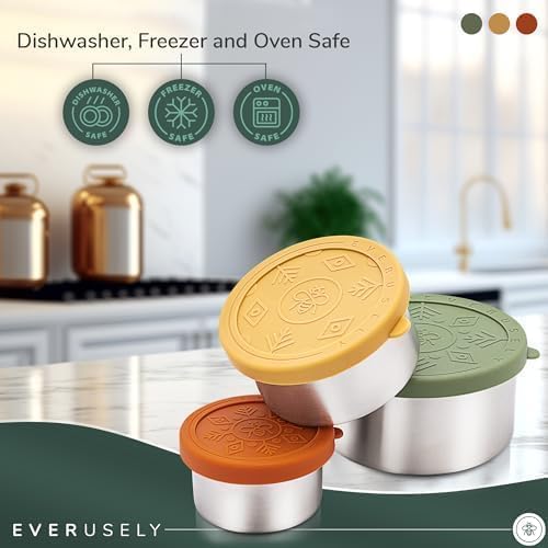 Everusely - Stainless Steel Food Containers - 3 Pack, Muted - Lunch Box - Snack Containers for Office, Home Food Storage - Leakproof with Silicone Lids - Dishwasher & Freezer Safe