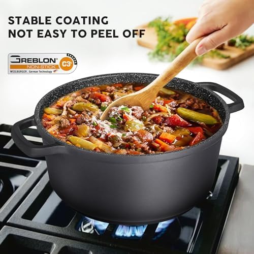 Large Dutch Oven Pot with Lid-7.5QT Cast Aluminum Oven Pot with Two Handles Lightweight for Bread Baking Braising and Roasting(Black)