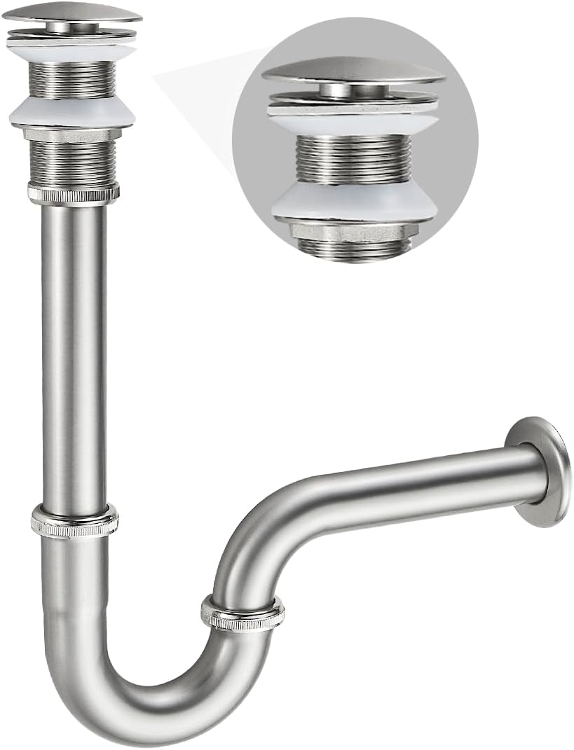 Bathroom Sink U Shape Bottle Trap Complete Set, Adjustable 1-1/4 Bottle P-Trap Sink Drain Kit Tube and Pop Up Drain Stopper Without Overflow, Brushed Nickel