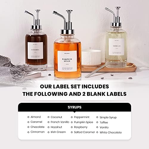 MoliMoli Coffee Syrup Dispenser for Coffee Bar, Coffee Pump Dispenser, Glass Syrup Bottle w. Pump, Maple/Coffee Syrup Bottles, Syrup Dispenser Set of 4, w. Labels, Siver