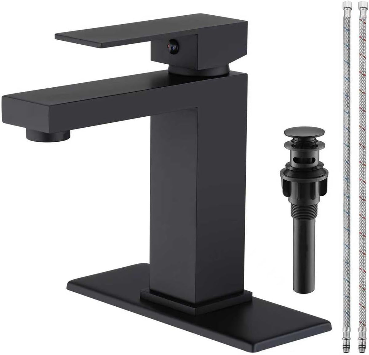Matte Black Bathroom Faucet Single Handle Bathroom Vessel Sink Faucet 1 Hole Modern Stainless Steel Vanity Faucet for Bathroom Sink with Pop Up Drain Stopper & Water Supply Hoses