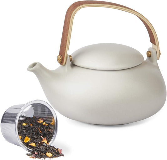 ZENS Vintage Japanese Teapot with Strainer, 27oz Matte Ceramic Loose Leaf Teapot with Infuser, Wood Handle Gray Japanese Teapots Hot Tea Brewer Pot for Women, Tea Lovers Gifts