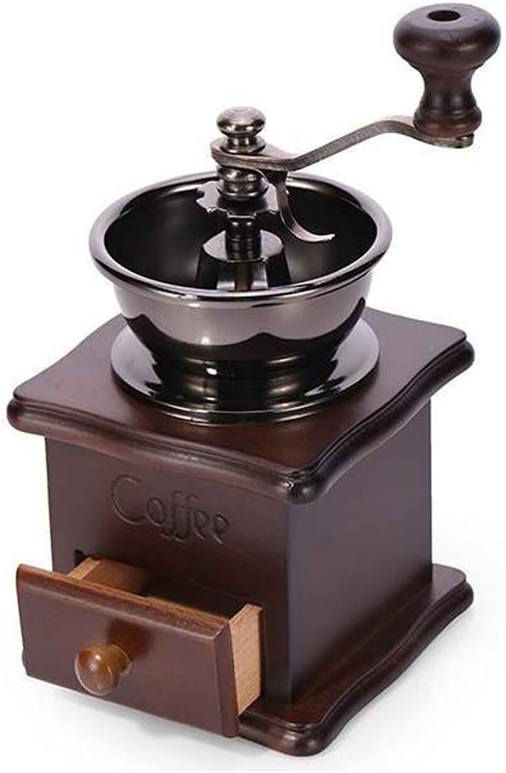 Wooden Manual Coffee Grinder Vintage Style Hand Coffee Mill Burr Coffee Grinder with Ceramic Hand Crank,Wooden Manual Coffee Grinder Cleaning Brush, (Dark Brown Upgraded Version）