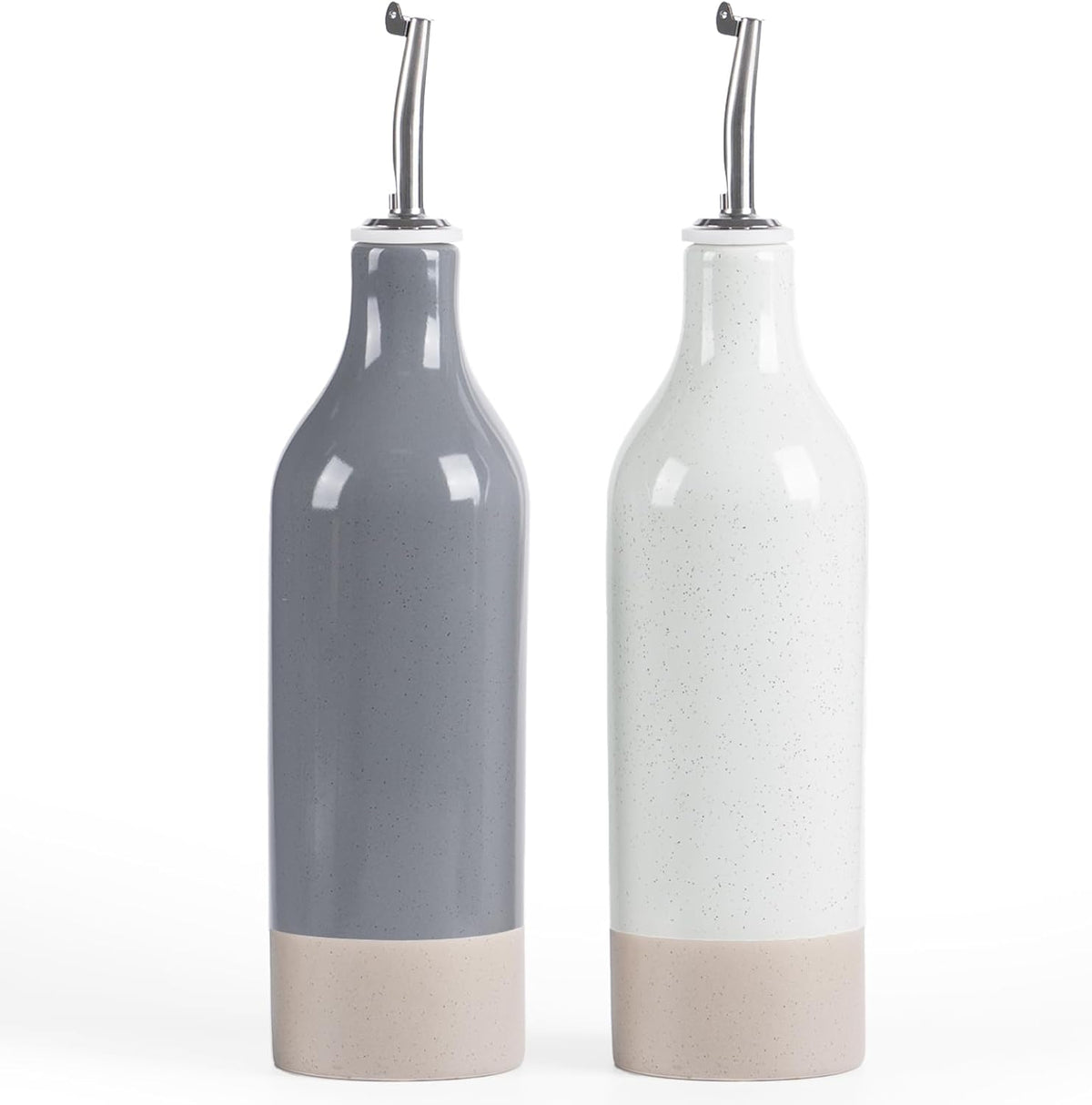 famiware Milkyway 16oz Ceramic Olive Oil Dispenser Bottle, Olive Oil and Vinegar Dispenser Bottle Set of 2 with Stainless Steel Pourers, Suitable for Storage Vinegar, Liquids, White and Dark Gray