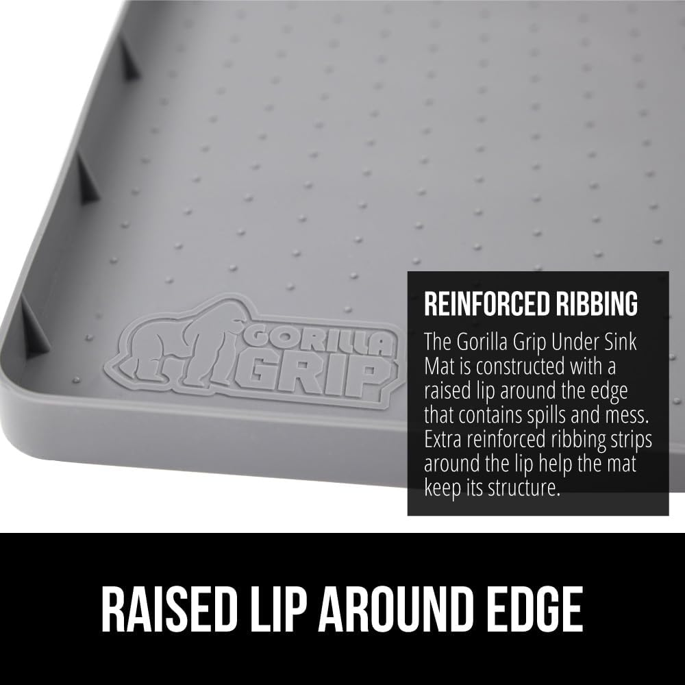 GORILLA GRIP Waterproof Silicone Under Sink Mat with Raised Lip for Kitchen and Bathroom, Cabinet Shelf Liner Stay in Place Mats Dishwasher Safe Drawer Liner, Organizer Tray, 19 x 22 in, Gray