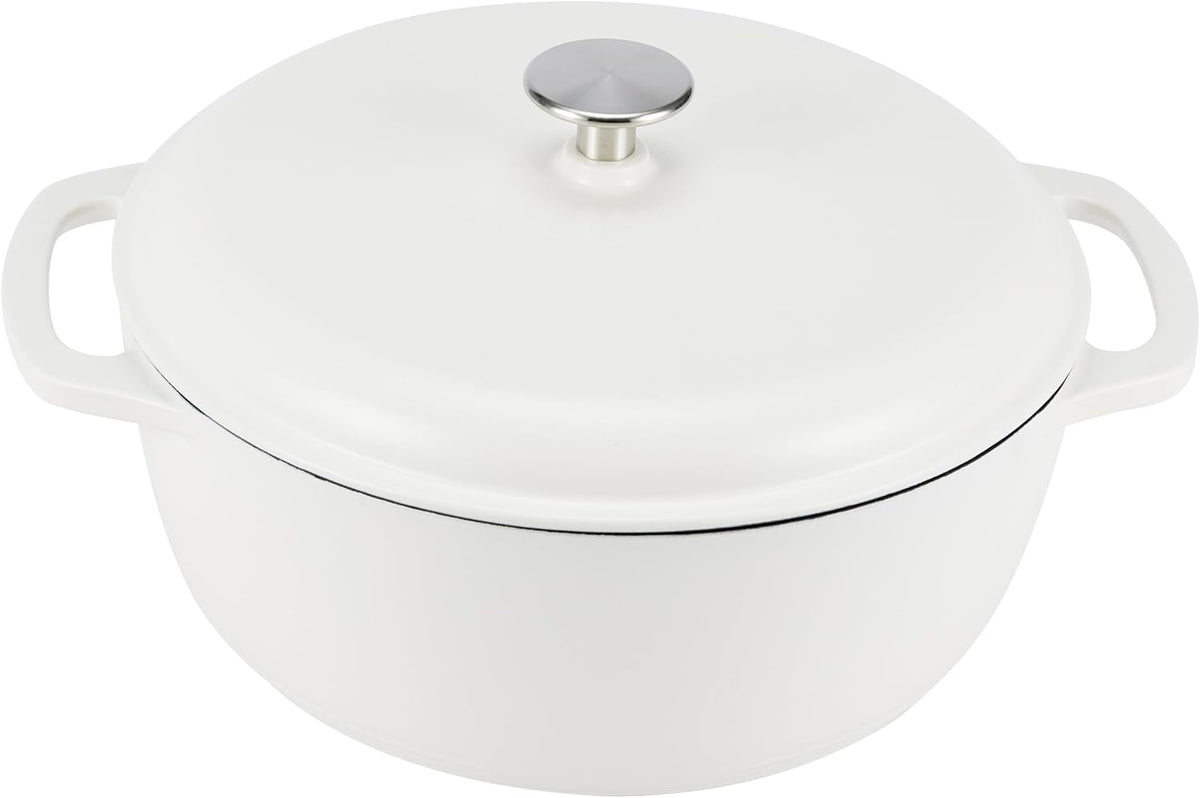 Amazon Basics Cast Iron Dutch Oven Pot with Lid, Enameled, Round, Dual Handles, Heavy-Duty, Medium, 6-Quart, Matte White