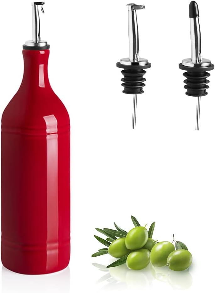 Sweejar Large Ceramic Olive Oil Dispenser Bottle, Opaque Oil Cruet Protects Oil to Reduce Oxidation, Suitable for Storage Oil, Vinegar, Soy Sauce & Other Liquids, Pack of 1, 24 Fl Oz (Red)