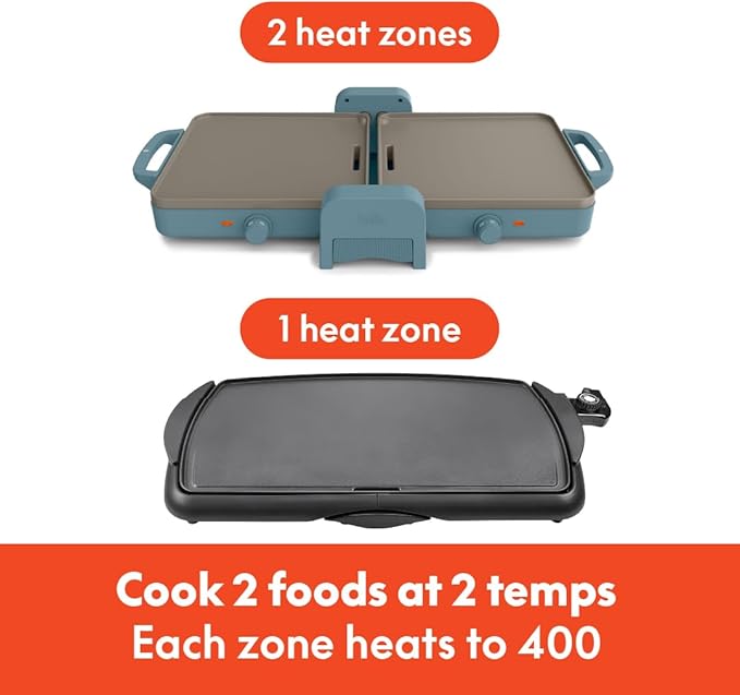 bella 10"x 20" Ceramic Fold-n-Store Dual Temp Griddle, Fits-anywhere™ Kitchenware, EverGood™ Ceramic Nonstick Coating, 2 Temperature Zones up to 400°F, Dishwasher Safe Drip Tray, 1500 Watt, Surf