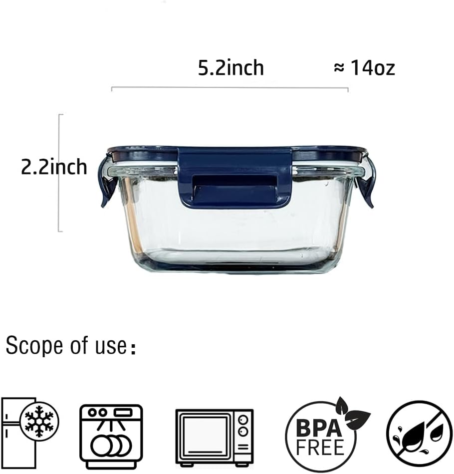 Square Glass Food Storage Containers With Lids，2 Cup Square Glass Containers With Lids, Small Food Containers, 16 oz Leak-proof lunch Bowls, Dishwasher Microwave Freezer Safe -(Dark Blue)