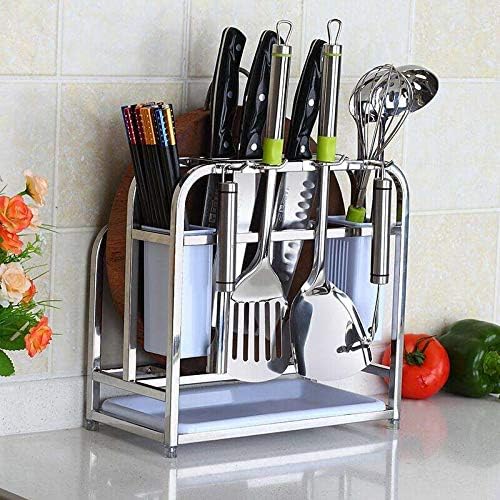 Knife Holder Storage Organizer with Hooks, Stainless Steel Knife Block Holder Cutting Board Rack,Kitchen Utensils Holder with Drainer Tray for Kitchen Countertop