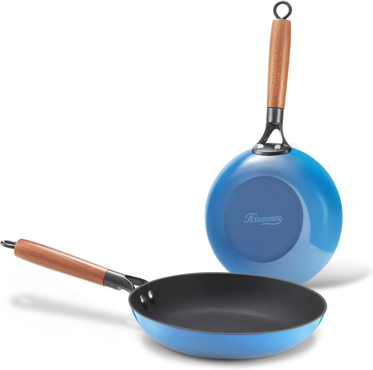 KITESSENSU Enameled Cast Iron Skillets - Non Stick Frying Pans Set with Durable Wooden Handle - 10&12 Inch Titanium Cast Iron Pans for Multi-Cooking - Pre Seasoned Cookware Set - Gradual Cobalt Blue