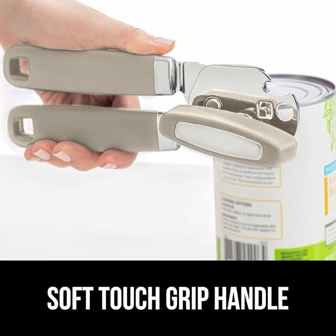 GORILLA GRIP Heavy Duty Stainless Steel Smooth Edge Manual Can Opener and Bottle Openers, Soft Comfortable Handle, Oversized Handheld Turn Knob, US Designed Multifunctional Kitchen Tool, Almond