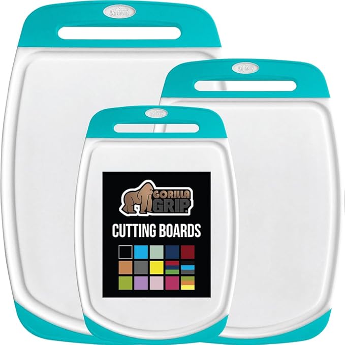 GORILLA GRIP BPA-Free Reversible Kitchen Cutting Board Set of 3, US Designed, Nonporous, Juice Grooves Catch Liquid, Slip Resistant Border, Dishwasher Safe Durable Large Food Chopping Boards Turquoise