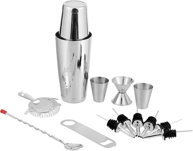 Vinod Stainless Steel Bar Set | 14 Piece Cocktail Accessories Set | 26 Ounce Boston Shaker w/Strainer Rubber Pourers Bar Jigger, Bottle Opener & More | Drink Mixer Bar Set | Bartender Kit