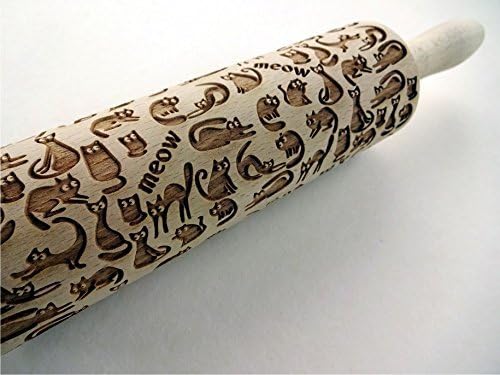MEOW CATS EMBOSSING ROLLING PIN WOODEN HANDMADE ROLLING PIN with CATS GIFT FOR CAT LOVERS