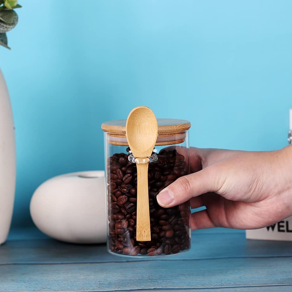 Glass Jar with Bamboo Lid and Spoon, 3 Pack 16 OZ Tea Containers for Loose Leaf Tea, Salt and Sugar Containers for Countertop, Yogurt Jars for Overnight Oatmeal