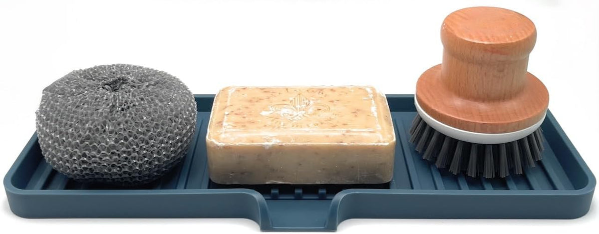 Happitasa Silicone Soap Dish Tray and Sponge Holder with Drain Chute | Bathroom and Kitchen Sink Organizer Caddy (Smoky Blue, 12"x4", 7.4 Ounces)