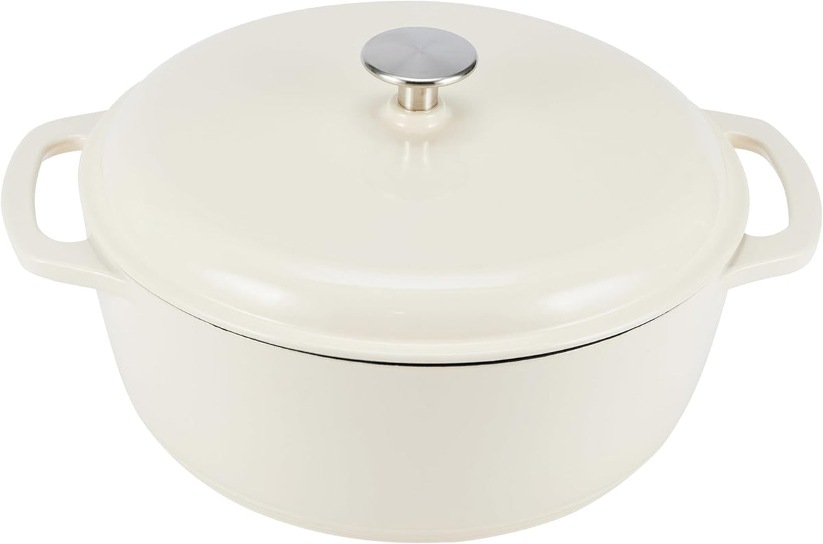 Amazon Basics Cast Iron Dutch Oven Pot with Lid, Enameled, Round, Dual Handles, Heavy-Duty, Large, 7.3-Quart, White
