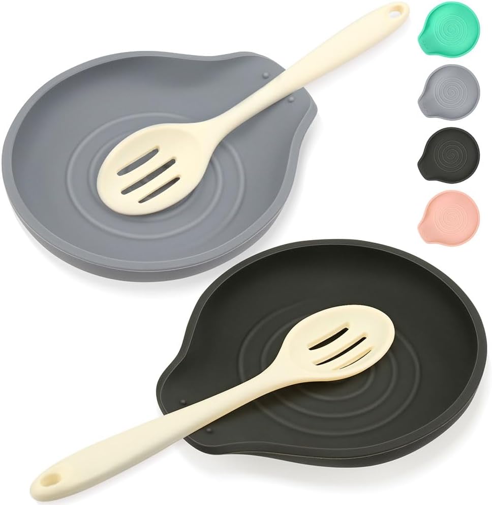 2 Pcs Spoon Rest for Stove Top Silicone, 6.1" Large Stove Spoon Holder for Spatula, Tongs or Spoon, Kitchen Counter Decor, Gray & Black