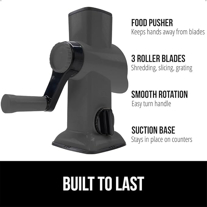 GORILLA GRIP BPA-Free Rotary Cheese Grater Hand Crank, Easy to Set Up, Strong Suction Base for Kitchen Countertop, Shred Potato, Vegetable, Nuts in Seconds, Round Mandoline Slicer, 3 Blades, Gray