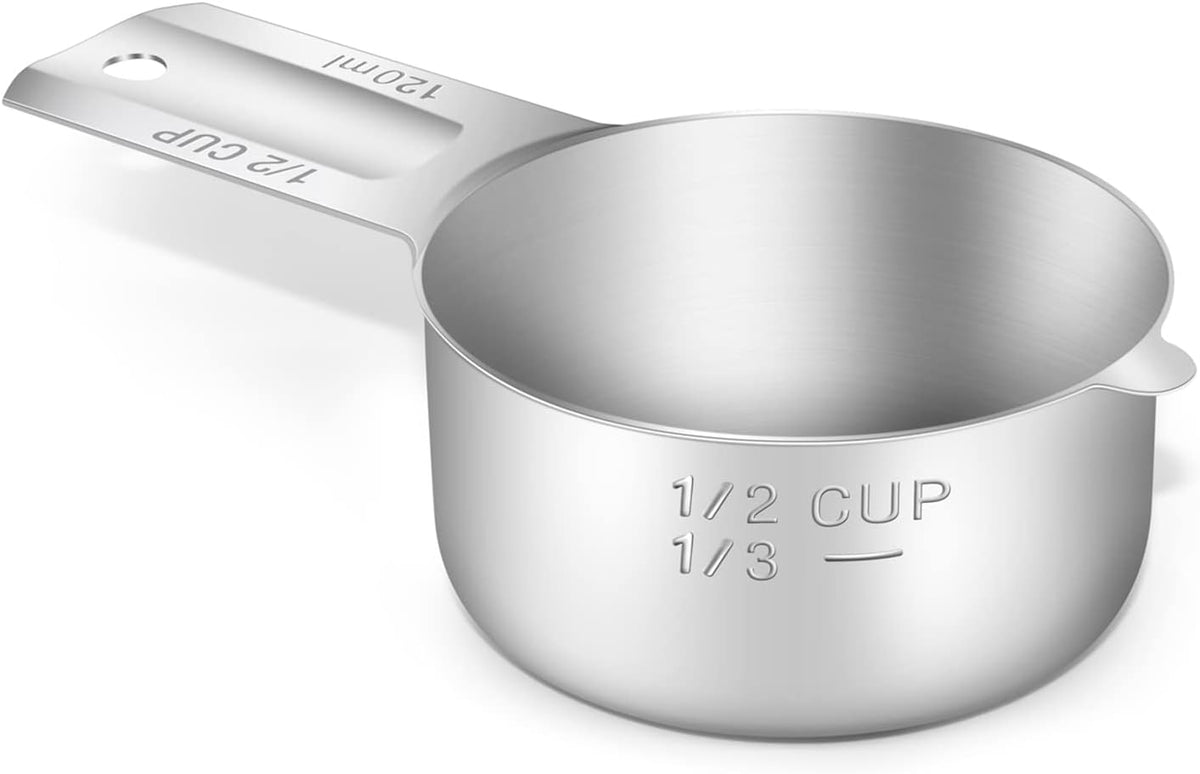 1PCS 1/2Cup (120ml, 4oz) Single Measuring Cup, Stainless Steel Measure Scoop, Metric and US Measurement, Dishwasher Safe