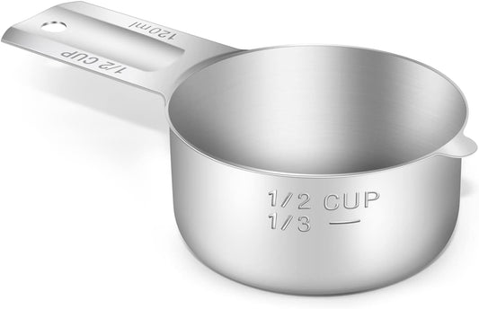 1PCS 1/2Cup (120ml, 4oz) Single Measuring Cup, Stainless Steel Measure Scoop, Metric and US Measurement, Dishwasher Safe