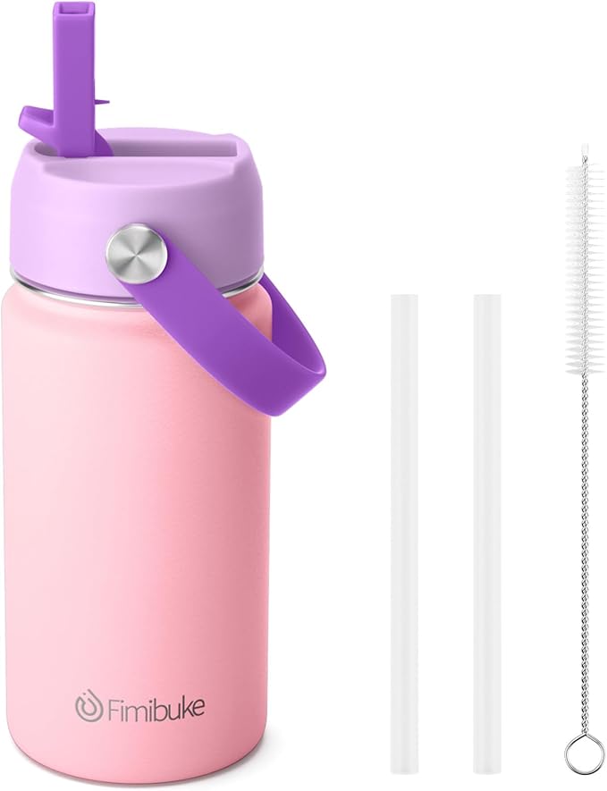 Fimibuke Kids Insulated Water Bottle - 14oz BPA-FREE 18/8 Stainless Steel Travel Tumbler Leak Proof Double Wall Vacuum Kids Cup with Straw Metal Water Bottle for School Boys Girls (1 Pack, Candy)