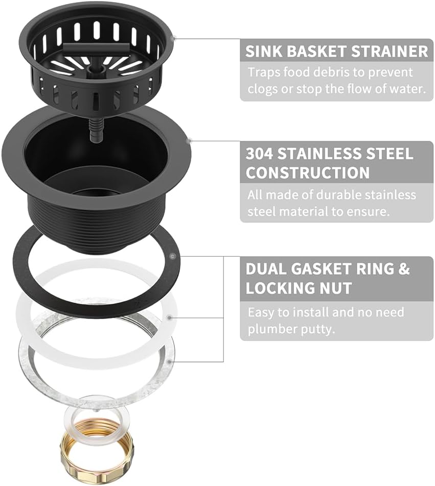 KONE Black Kitchen Sink Drain Matte Black Sink Strainer 3-1/2 Inch Drain Assembly Kit Replacement for Universal 3.5 Inch Kitchen Sink, All Stainless Steel Body with Strainer Basket and Drain Stopper