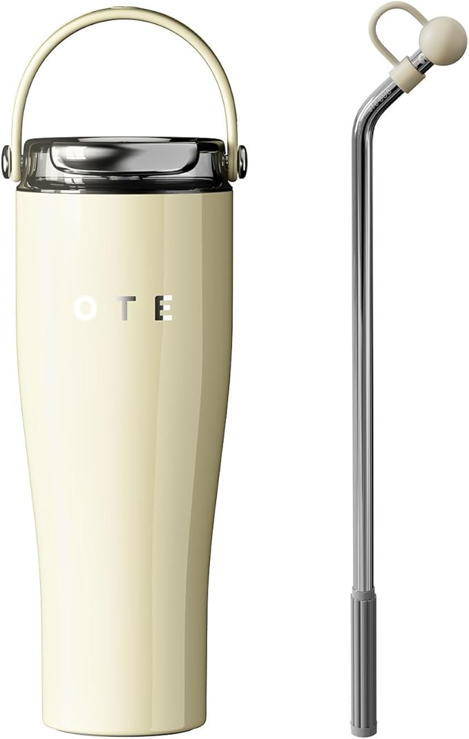 OTE 30OZ Tumbler with Handle, 316 Stainless Steel Water Bottle with Straw, 800ML Vacuum Insulated Bottle, Insulated Travel Mug, Tumbler for Office or Home, Cup Holder Friendly, Keep Hot/Cold (Beige)