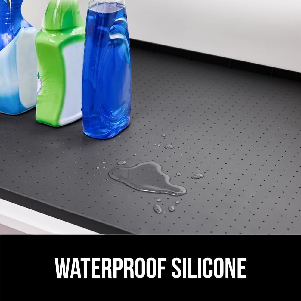 GORILLA GRIP Waterproof Silicone Under Sink Mat with Raised Lip for Kitchen and Bathroom, 31 x 22 in, Cabinet Shelf Liner Stay in Place Mats Dishwasher Safe Drawer Liner, Organizer Tray, Black