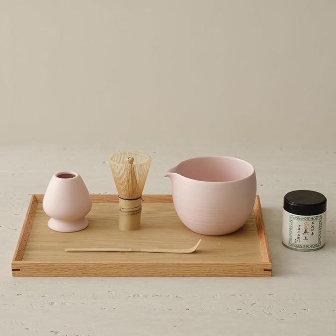 Matcha Whisk Set, Ceramic Matcha Bowl & Whisk Holder, Bamboo Accessory, Modern Design (Matte Soft Pink, Pouring Spout)