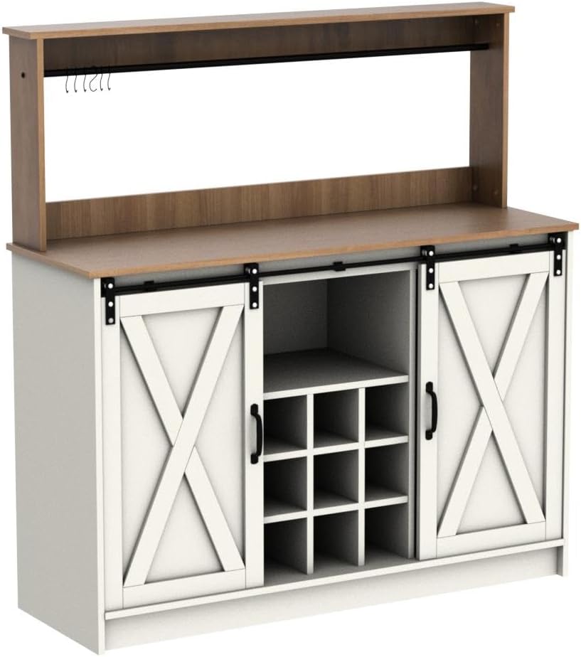 4ever2buy Farmhouse Coffee Bar Cabinet with Hutch, 47 Inch Buffet Cabinet with Storage, White Wine Bar with 9 Wine Racks and 6 Hooks, Coffee Bar Table with Adjustable Shelves for Living Dining Room