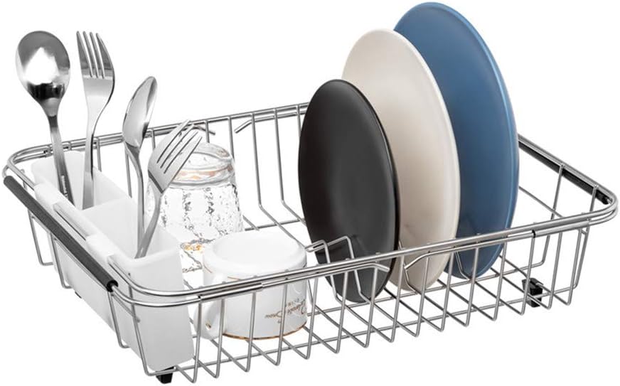 SANNO Dish Drying Rack, Expandable Dish Drainer Over Sink in Sink On Counter with Utensil Silverware Storage Holder, Rustproof Stainless Steel