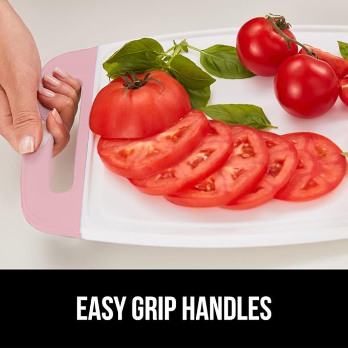 GORILLA GRIP BPA-Free Reversible Kitchen Cutting Board Set of 3, US Designed, Nonporous, Juice Grooves Catch Liquid, Slip Resistant Border, Dishwasher Safe, Durable Large Food Chopping Boards, Pink