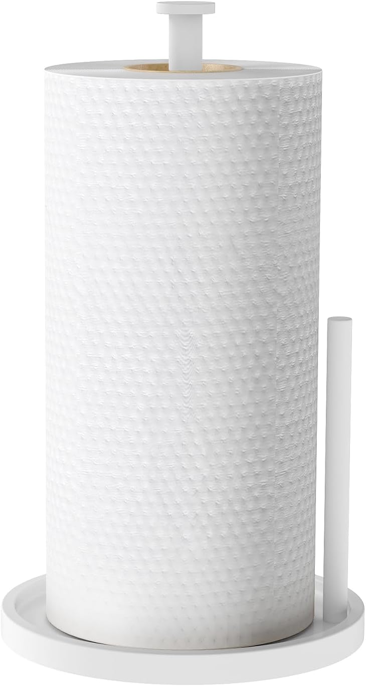 Paper Towel Holder Countertop, Standing Paper Roll Holder with Anti Slip Weighted Base, Stainless Steel Freestanding Paper Towel Holder for Kitchen, White
