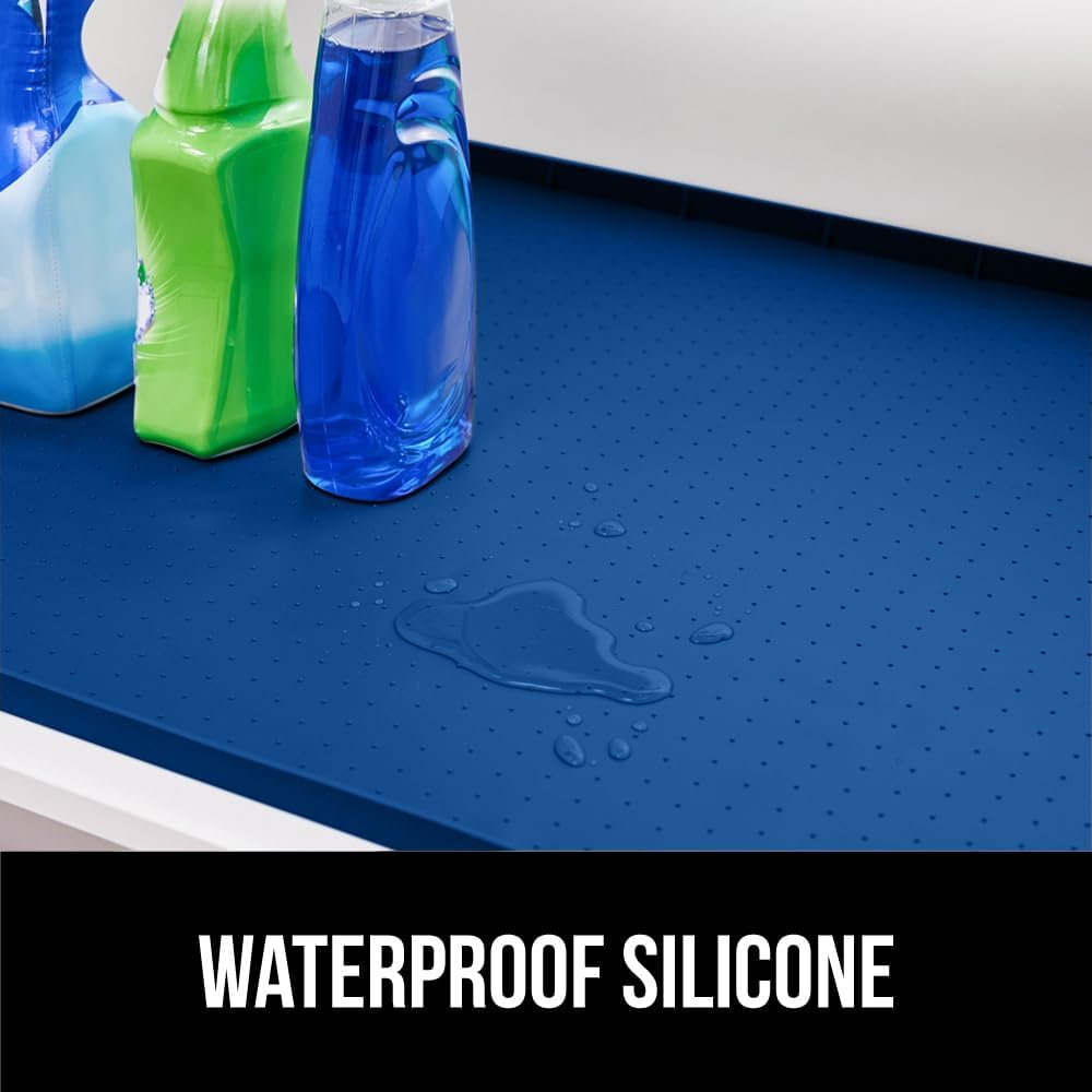 GORILLA GRIP Waterproof Silicone Under Sink Mat with Raised Lip for Kitchen and Bathroom, 28 x 22 in, Cabinet Shelf Liner Stay in Place Mats Dishwasher Safe Drawer Liner, Organizer Tray, Blue