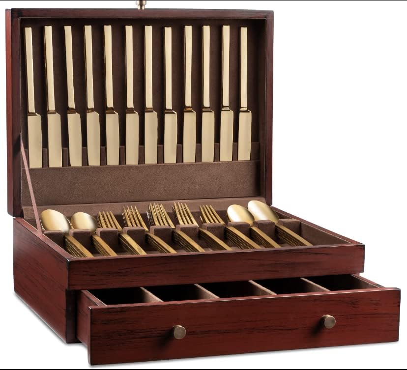Royalty Art Tarnish-Free Silverware Storage Box with Drawer, 15" x 11" Flatware and Utensil Organizer for Kitchen, Elegant Wooden Décor for Dining Room (Flatware Not Included)