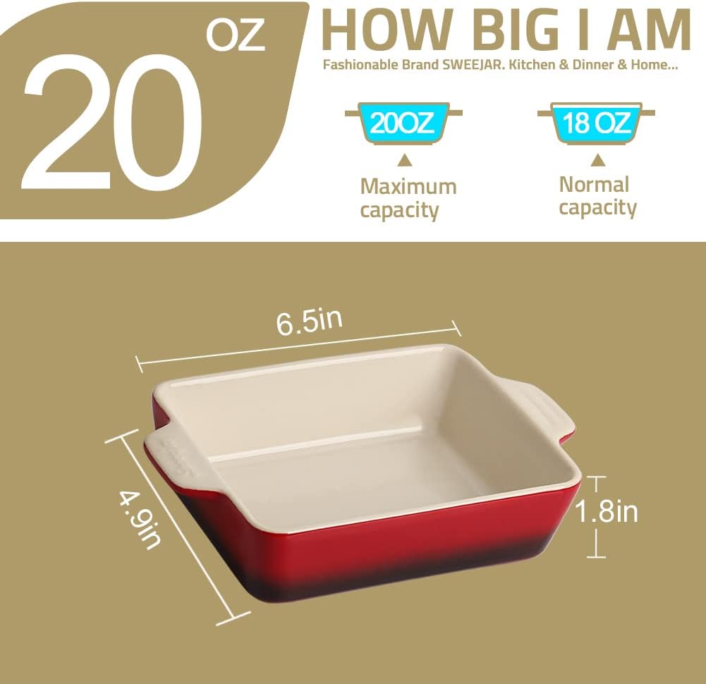 Sweejar Ceramic Baking Dish, Rectangular Small Baking Pan with Double Handles, 20 Oz for Cooking, Brownie, Kitchen, 6.5 x 4.9 x 1.8 Inches (Gradient Red)