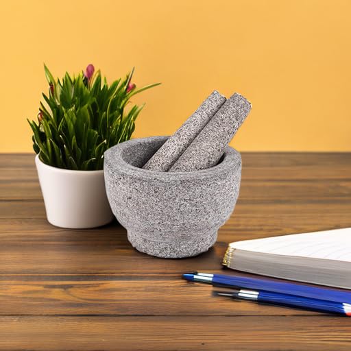 Mortar and Pestle Set,Heavy Duty,Unpolished Granite,6 Inch-2Cup Capacity,Grinder for Spices and Seeds,Grinding,Crushing and Mashing Spices,Nuts,for Guacamole,Garlic Sauce,Gray.