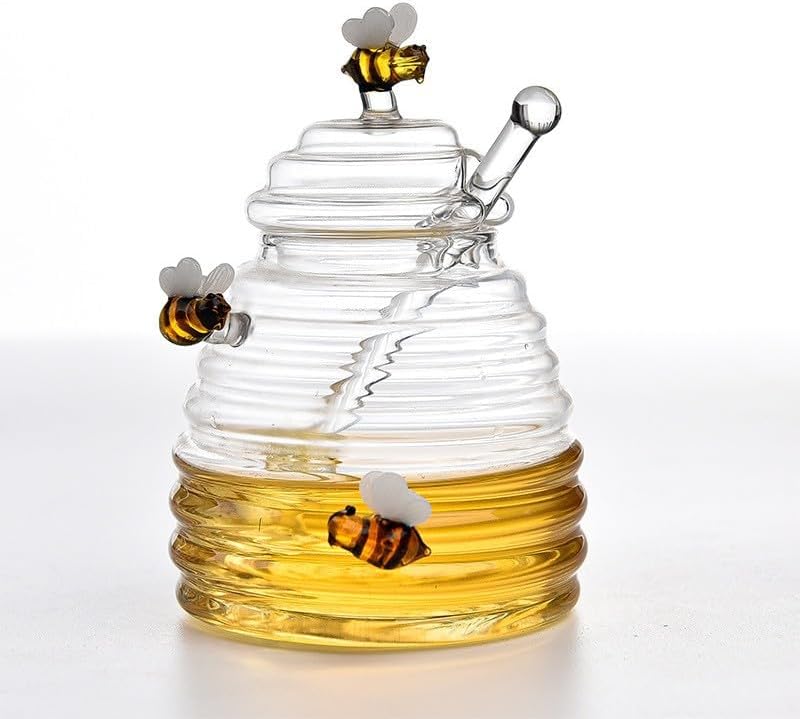 Glass Honey Jar with Dipper and Lid, 17.6oz Heat Resistant Honey Pot, Honey Diapenser Container for Storing Honey and Syrup, Home and Kitchen Organization, Gifts for Her Christmas, Coffee Bar Decor