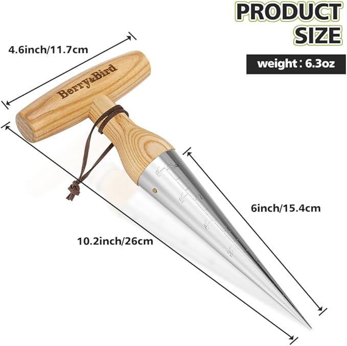 Berry&Bird Hand Dibber – Precision Wood Handle Garden Hole Punch Dibbler Tool for Planting Seeds & Bulbs with 6'' Measuring Scale, Bulb Planter for Planting Flowers Tulips Daffodils Dahlias