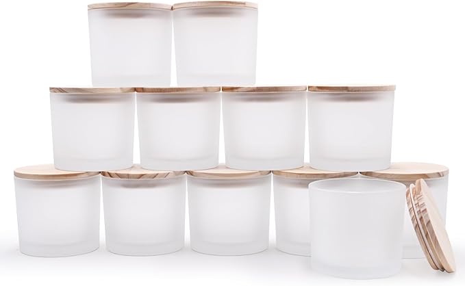 12 OZ Thick Candle Jars for Making Candles 12 Pcs, Empty Jars with Wood Lids for Spice Jars, Sample Container, Frosted White