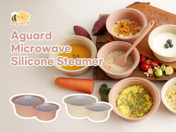 Microwave Silicone Steamer for Baby Food, Made In Korea, Oven & Dishwasher Safe to 482°F, Easy Clean, Microwave Pot with Handle & Lid, 100% Food Grade Steamer Bowl (Creme Brulee, 19oz (550ml))